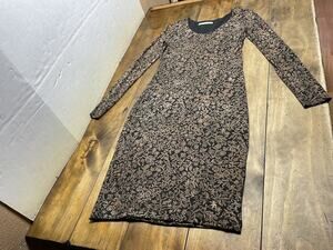 Peruvian Connection Black Gold Floral Pima Cotton Sheath Dress Long Sleeve Midi